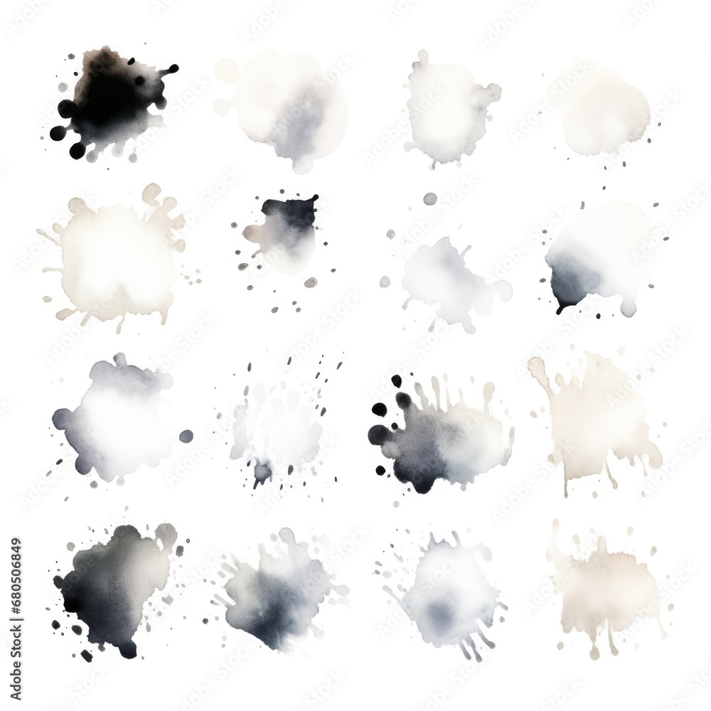 Poster set of watercolor paint stains blobs and splashes on white