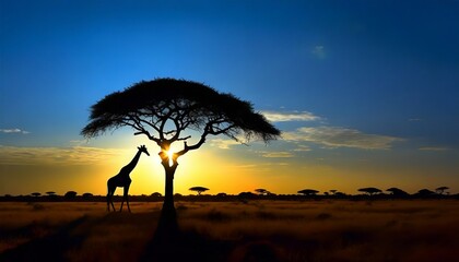 Alone tree on the left in the savanna against a black silhouette background of a stunning sunset.