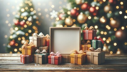 Festive holiday themed photo frame surrounded by a colorful array of christmas presents with bokeh lights