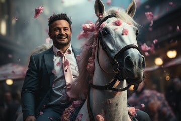 In the Realm of Success: A confident businessman on a unicorn represents the fantastical yet ambitious concept of achieving unprecedented success, the true essence of a business unicorn - obrazy, fototapety, plakaty