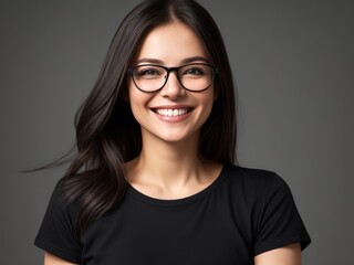 Portrait of a Confident Woman with Dark Black Hair and Glasses, Smiling Radiantly