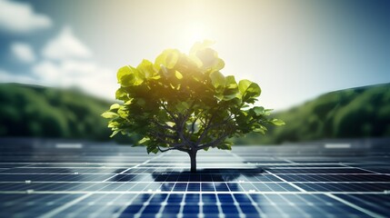 A young, vibrant tree sprouting from the center of a field of solar panels, symbolizing the growth of renewable energy and a sustainable future with zero carbon emissions.