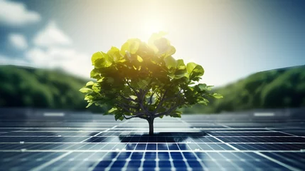 Foto op Aluminium A young, vibrant tree sprouting from the center of a field of solar panels, symbolizing the growth of renewable energy and a sustainable future with zero carbon emissions. © TensorSpark