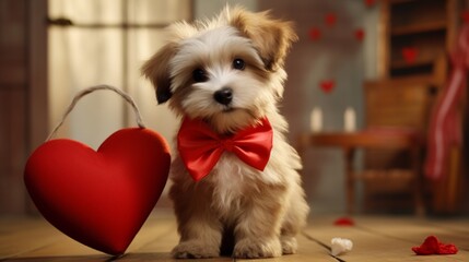 A playful puppy wearing a bow tie, delivering a heart-shaped toy as a delightful Valentine's Day surprise.