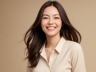 Fototapeta premium Portrait of a Woman with Dark Brown Hair, Smiling Gracefully