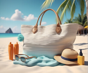 Tropical Chic: Stylish Beach Bag and Accessories on a Towel, Set Against a Serene Tropical Beach. generative AI