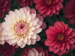 Dahlia Flowers in Pink, White, and Red Background