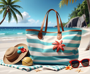 Tropical Chic: Stylish Beach Bag and Accessories on a Towel, Set Against a Serene Tropical Beach. generative AI