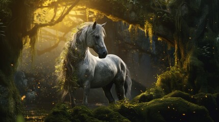 the forest horse as a guardian of the forest's timelessness, preserving its mystical aura for all eternity. - obrazy, fototapety, plakaty