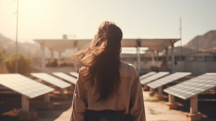 A young, environmentally conscious student gazes thoughtfully at a field of solar panels, contemplating a future powered by sustainable, renewable energy sources. - obrazy, fototapety, plakaty