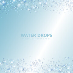 Template of blue banner with realistic pure water drops frame and empty space for text. Wallpaper with 3d shiny dew, water blobs. Square backdrop with rain droplet or aqua splashes and water texture