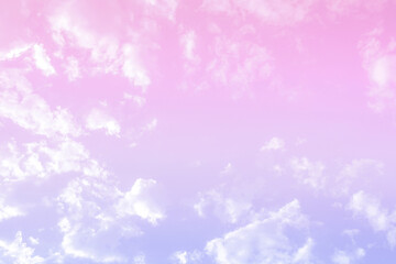 Blue pink and purple pastel sky with white fluffy cloud. Summer tropical season holiday sky. Sunny day background. Copy space.