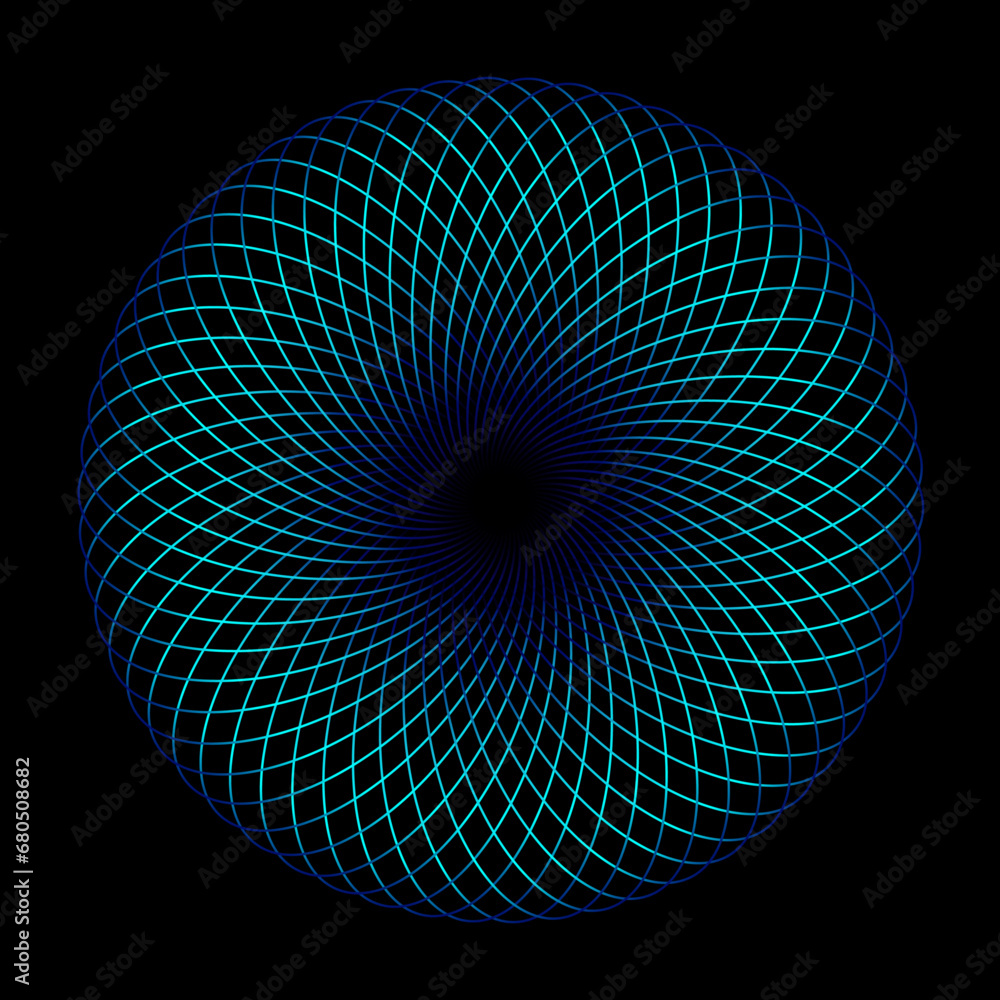 Poster Abstract fractal burst background with blue green light lines weaving pattern in circle shape isolated on black background. Modern technology design concept, science, music. Vector illustration.