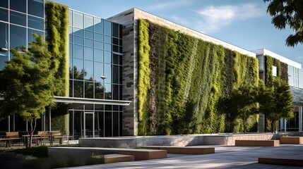 A contemporary educational building featuring a vertical garden, with vibrant greenery covering its facade, reflecting sustainable and ecofriendly design in a modern academic setting.