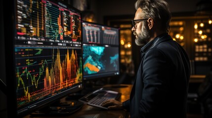 Analytical gaze: A stock market trader studies the intricate details of financial statistics, deep in concentration as they navigate the complexities of market trends