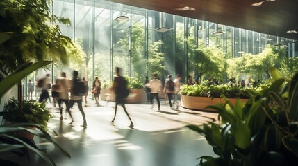 Modern sustainable university interior featuring biophilic design elements, with green walls and potted plants, bustling with students and faculty in motion blur, reflecting ecofriendly education. - obrazy, fototapety, plakaty