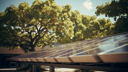 A modern ecofriendly green roof covered in lush vegetation and interspersed with efficient solar panels harnessing sustainable energy under a clear blue sky.