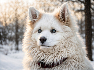 Naklejka premium Portrait of a big white dog looking away, over a blurred snowy background.