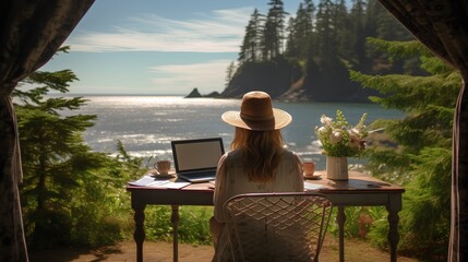 A young professional with a laptop works remotely from a serene tropical beach, embodying the digital lifestyle amidst trees and ocean views. - obrazy, fototapety, plakaty