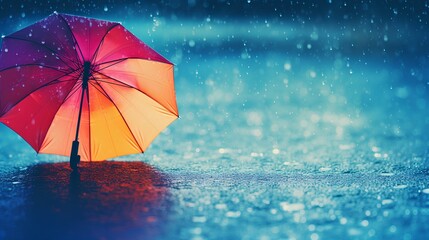 A vibrant photo capturing a spectrum of colorful umbrellas opened against the backdrop of a grey, rainy sky, with raindrops visibly falling around during an autumn storm.