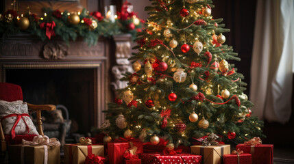 Fototapeta na wymiar Closeup Christmas tree with presents in house with fireplace. Festive mood