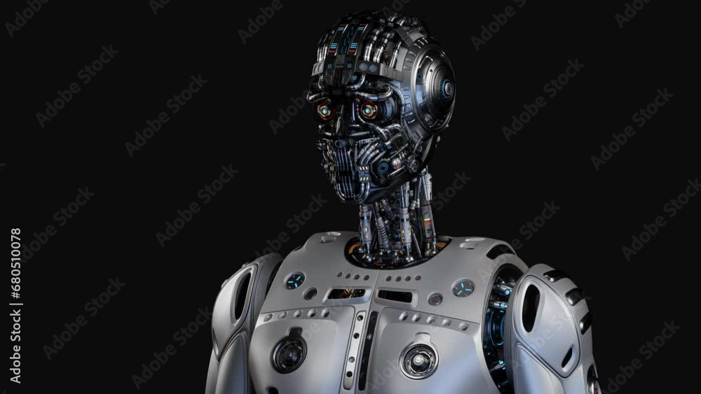 Poster humanoid robot or futuristic cyber man touches his head or makes use your mind gesture. 3d rendering