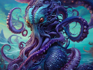 In a mesmerizing digital painting, there exists a whimsical grotesque tentacled titan, whose sprawling appendages seem to dance with a bizarre elegance.  - obrazy, fototapety, plakaty