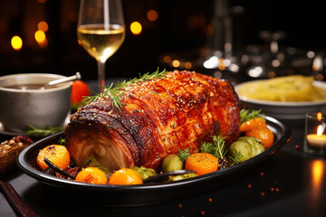 Christmas ham on plate with festive decoration. Generative AI