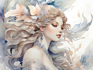 In a mesmerizing watercolor painting, a siren of timeless allure manifests in digital form, captivating viewers with its ethereal beauty. 