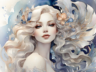 In a mesmerizing watercolor painting, a siren of timeless allure manifests in digital form, captivating viewers with its ethereal beauty. 
