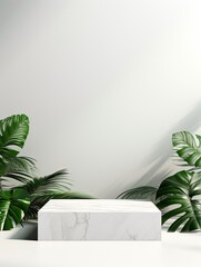 White marble Square podium in white background. decor by monstera leaves and blank Brand product mockup scene stage for product, generative ai