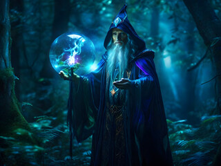 In a radiant display of luminescence, a majestic bioluminescent sorcerer stands in a dark forest, captivated by an enchanted orb hovering above their outstretched hand. 
