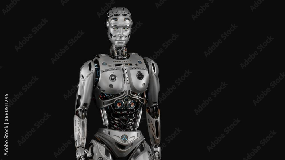 Poster 3d rendering animation of a walking futuristic robot or male humanoid cyborg steps from left to righ
