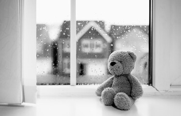 Lonely bear toy sitting alone looking out of window,Black and White Sad teddy bear doll sitting...