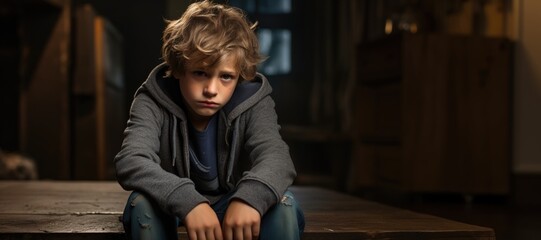 sad depressed young boy child sit in your room.