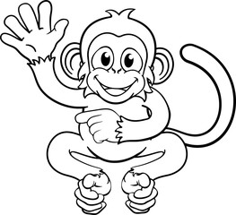 Monkey Cartoon Animal Waving and Pointing