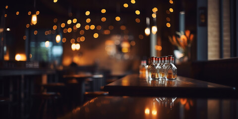 background Image of wooden table in front of abstract blurred restaurant lights