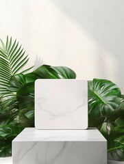 White marble Square podium in white background. decor by monstera leaves and blank Brand product mockup scene stage for product, generative ai