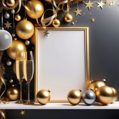 christmas and new year greeting card with gold balls, 3d rendering christmas and new year greeting card with gold balls, 3d rendering blank christmas frame with golden christmas decorations on white b
