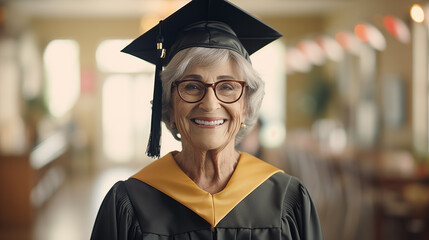 A senior woman wearing a graduation gown smiles at the camera.