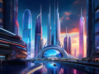  In the center of a beautifully lit portrait, a futuristic cityscape emerges, showcasing a high-tech singular paradise.