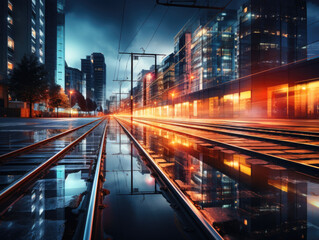 Incorporate a double exposure of train tracks and the blurred lights of city office buildings into an abstract night view background.