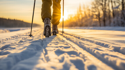 Detailed silhouette closeup photo of legs, skier walking on snow in the evening sundown woth direct sunlight from front  - obrazy, fototapety, plakaty