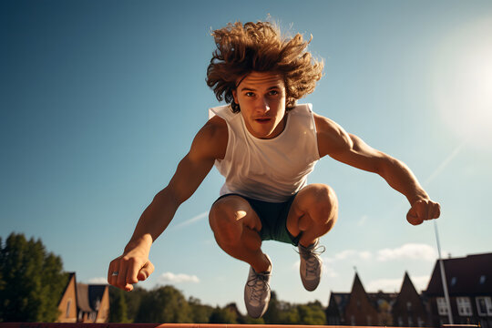 Sportive caucasian teen jumping a fence running