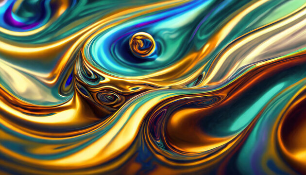 Shiny liquid metallic wallpaper. Metal flowing fluid wave.