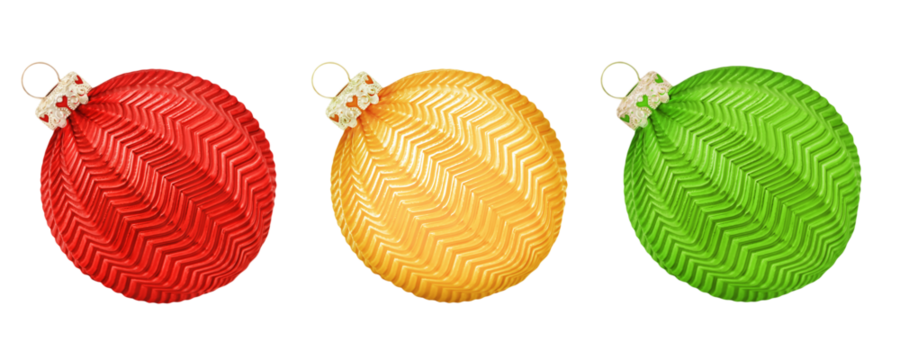 Dekoration für Weihnachten mit 3  Weihnachtskugeln rot gelb grün und Hintergrund transparent PNG cut out