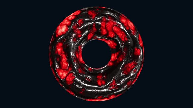 This image portrays a sleek and shiny donut in vibrant red and black hues. The donut's glossy, metallic surface adds an eye-catching touch to this enticing treat
