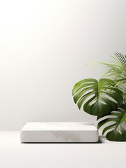 White marble Square podium in white background. decor by monstera leaves and blank Brand product mockup scene stage for product, generative ai