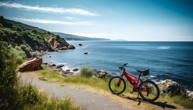 A solitary bicycle parked on a scenic trail, showcasing the midway point of a cycling journey generated ai