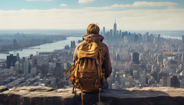 A thoughtful traveler overlooking a city skyline, contemplating the experiences and lessons gained on their expedition generated ai